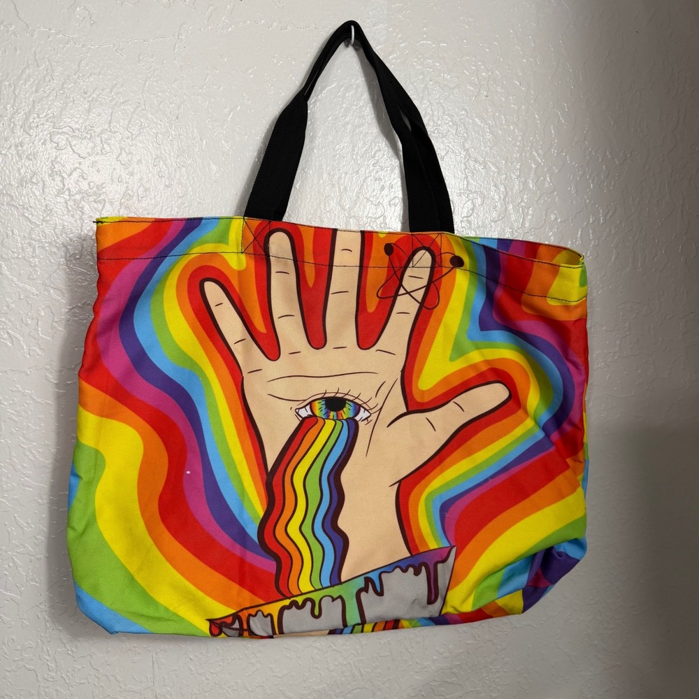 Trippy Psychedelic Rainbow Eye Hand Tote Bag Colorful Surrealist Canvas Shopper